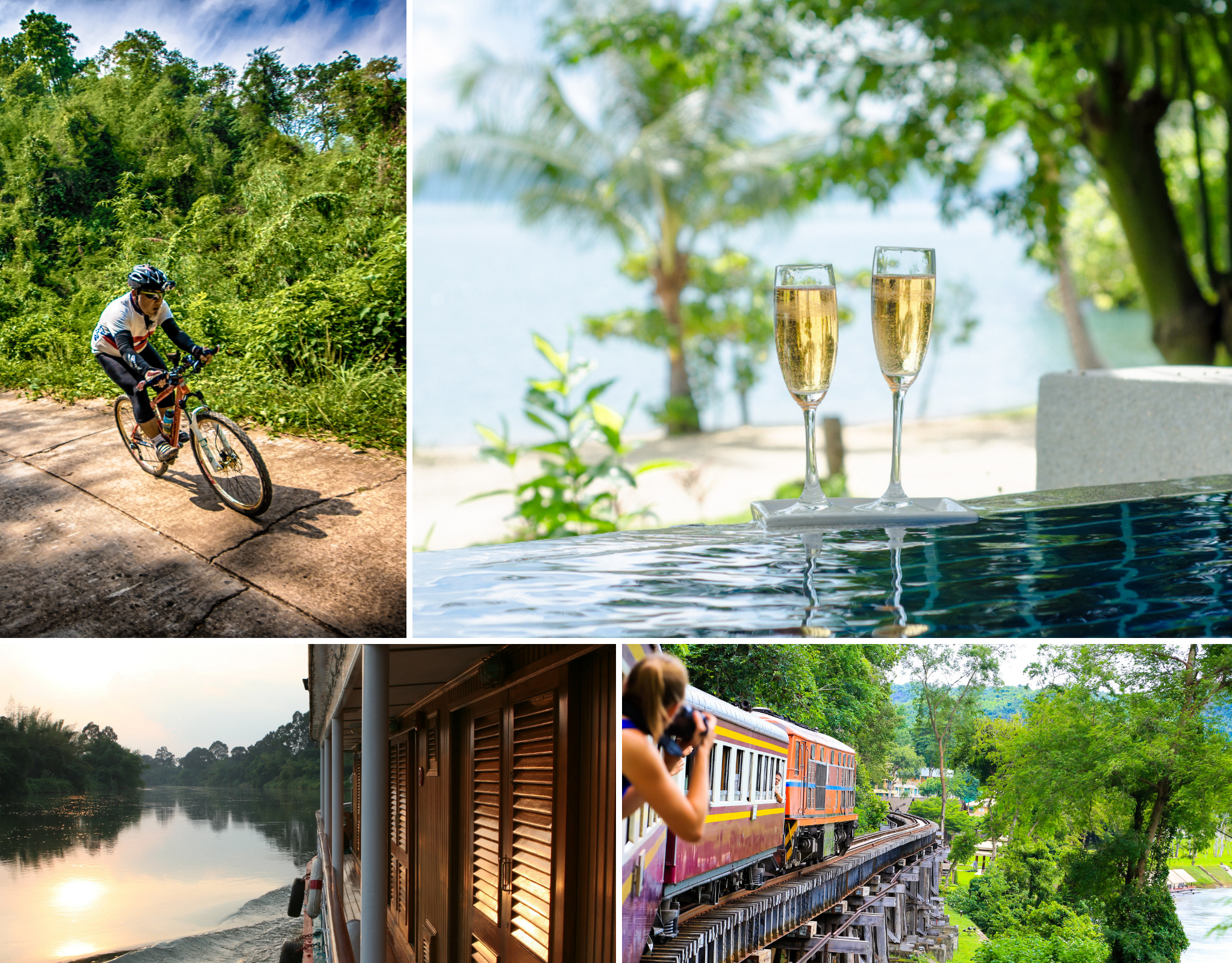 Cyclist riding up hill in greenery, views from a boat, champagne by the beach, and woman taking picture on train