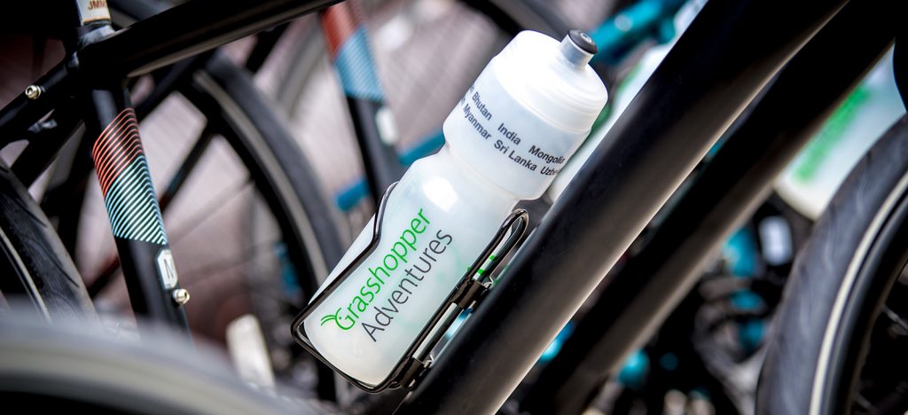 Grasshopper Adventures water bottle on bicycle