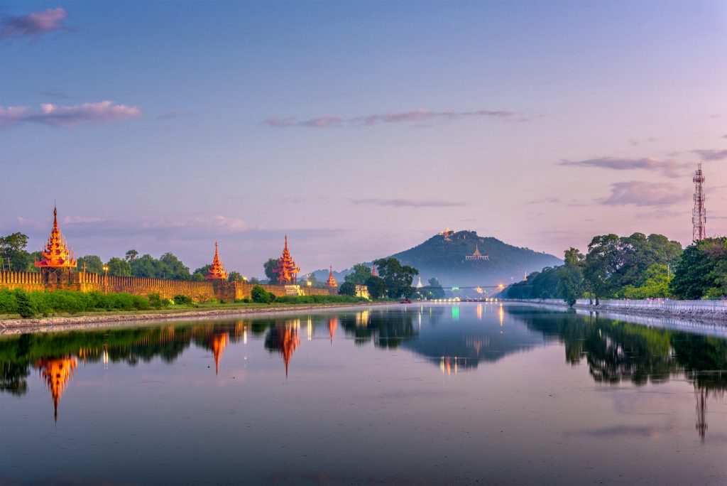 Mandalay, Myanmar at Mandalay Hill and the palace moat
