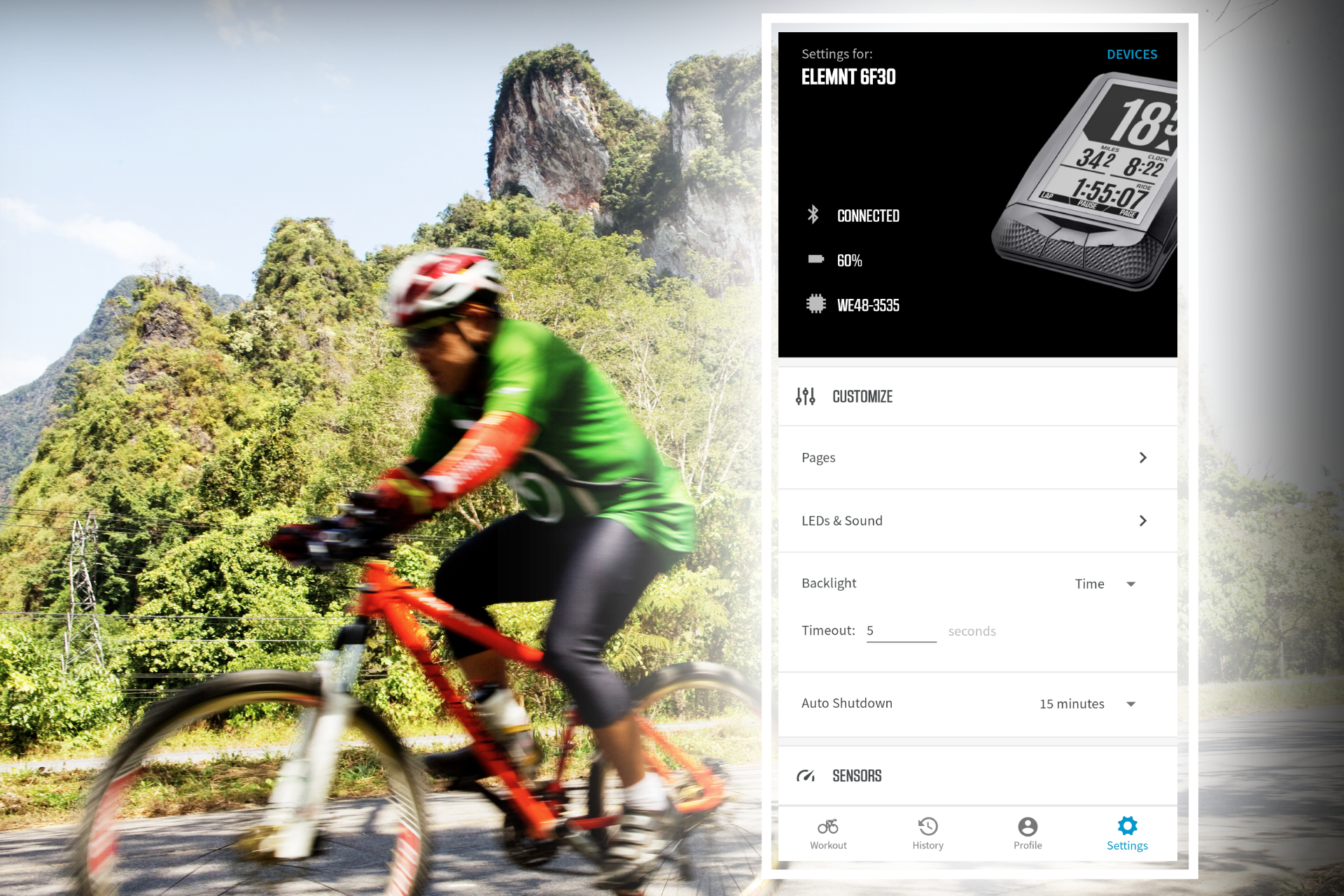 Cyclist on bike next to Elemnt Wahoo customization app window