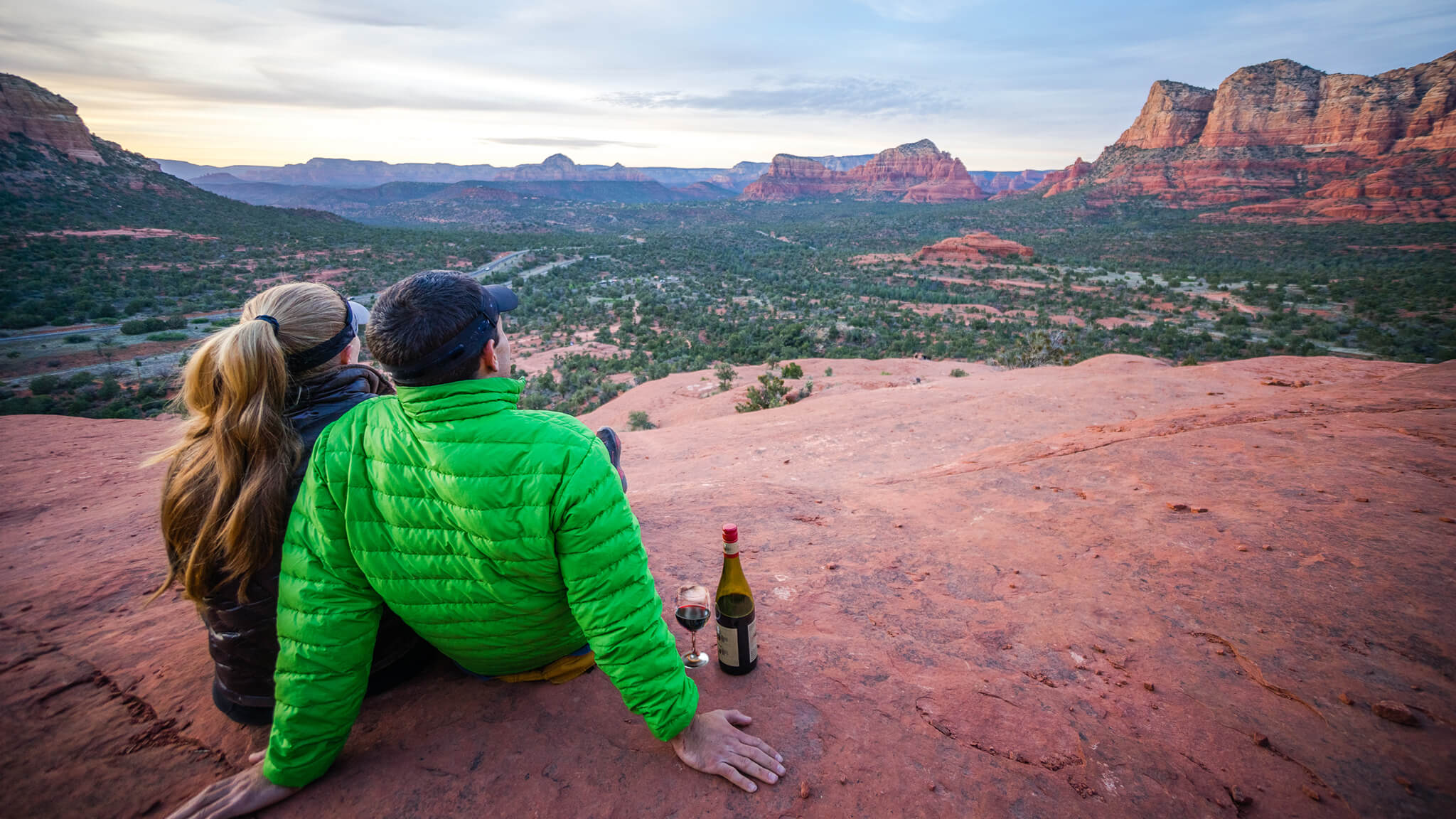 A view of Arizona red rocks with a glass of wine
