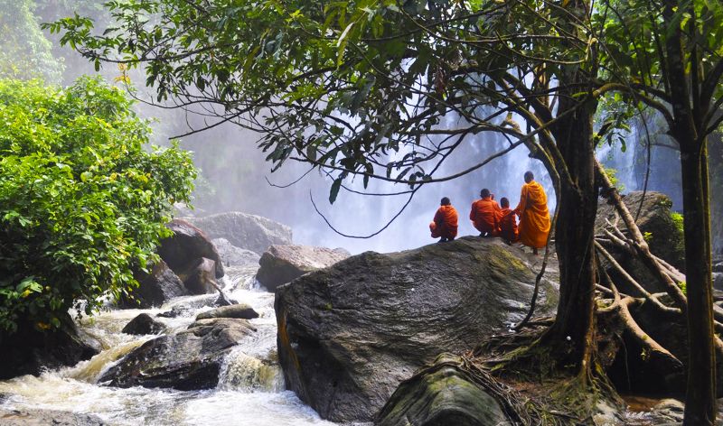 Kulen Mountain waterfall and monks